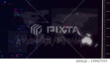 Displaying map overlay pulsing on dark UI with hatched overlays, waveform, Australia glow and ruler 139427353