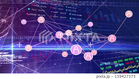 Displaying central cluster of pink avatar nodes on trading dashboard, showing tickers and percent Displaying central cluster of pink avatar nodes on trading dashboard, showing tickers and percent 139427373