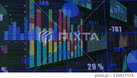 Displaying large stacked vertical bar chart on monitor, showing line graphs, 29% and numeric labels Displaying large stacked vertical bar chart on monitor, showing line graphs, 29% and numeric labels 139427374