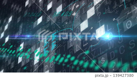 Glowing diagonal data wave and line-chart sweeping across HUD, with blue node and numeric glyphs Glowing diagonal data wave and line-chart sweeping across HUD, with blue node and numeric glyphs 139427380