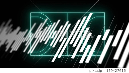 Displaying teal frame with centerline in void, emitting semicircular arcs and white blurred streaks 139427616