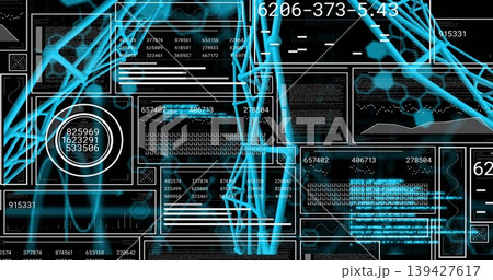Displaying cyan tubular lattice weaving over central HUD, with panels, circular gauge, waveform Displaying cyan tubular lattice weaving over central HUD, with panels, circular gauge, waveform 139427617