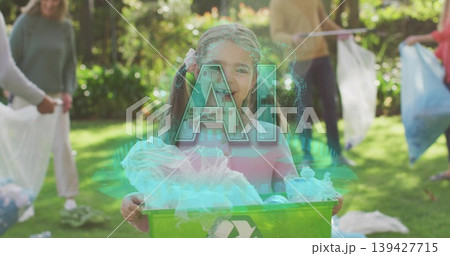 Holding green recycling bin, child girl wearing pink sweater picking litter in park, AI overlay Holding green recycling bin, child girl wearing pink sweater picking litter in park, AI overlay 139427715