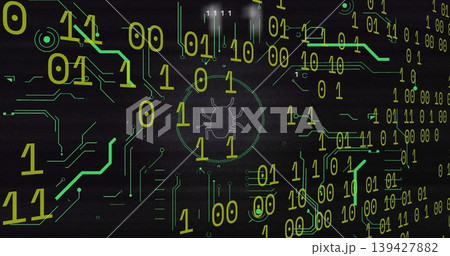 Highlighting central bug pulsing in circular target on cyber grid, with green-yellow binary digits 139427882