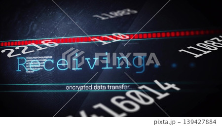 Showing central cyan Receiving with encrypted transfer on HUD, displaying diagonal red progress bar Showing central cyan Receiving with encrypted transfer on HUD, displaying diagonal red progress bar 139427884