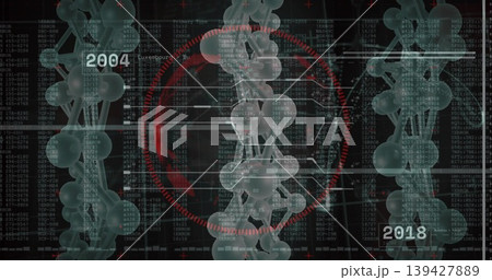 Displaying central clear molecular helix at digital lab display, showing red HUD, 2004 and 2018 Displaying central clear molecular helix at digital lab display, showing red HUD, 2004 and 2018 139427889