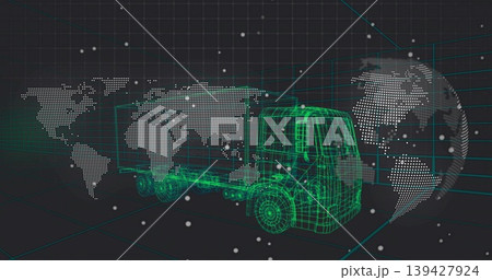 Navigating neon-green wireframe semi-truck moving across 3D grid, with dotted map and nodes 139427924