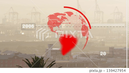 Hovering stylized red globe overlaying harbor, showing container cranes and palm silhouette Hovering stylized red globe overlaying harbor, showing container cranes and palm silhouette 139427954