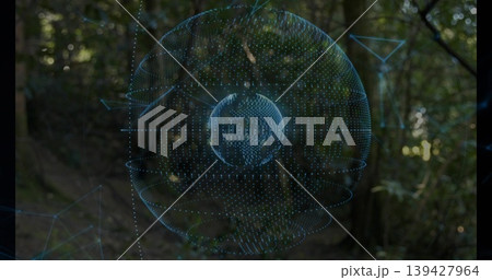 Floating blue holographic sphere rotating over forest clearing, with inner globe and network nodes Floating blue holographic sphere rotating over forest clearing, with inner globe and network nodes 139427964
