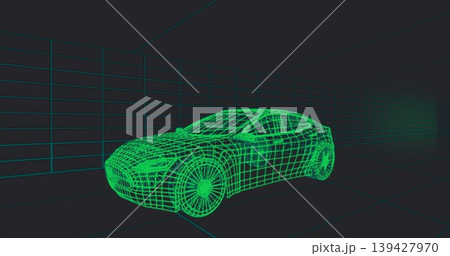 Displaying neon-green wireframe passenger car model occupying center of studio, with gridlines 139427970