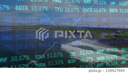 Displaying stock ticker overlay showing percent figures over coastal bay from cliff viewpoint Displaying stock ticker overlay showing percent figures over coastal bay from cliff viewpoint 139427993