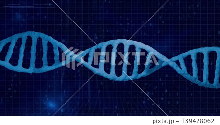 Floating translucent blue DNA helix spanning virtual lab floor, showing grid and binary characters 139428062