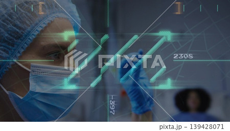Touching nurse in surgical cap, mask and blue gloves at bed, using swab on holographic interface Touching nurse in surgical cap, mask and blue gloves at bed, using swab on holographic interface 139428071