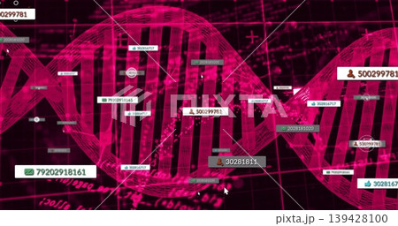 Displaying magenta DNA helix wireframe centered on data dashboard, with data labels icons cursor Displaying magenta DNA helix wireframe centered on data dashboard, with data labels icons cursor 139428100