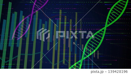 Displaying neon green double-helix crossing virtual dashboard with magenta helix, bars, copy space 139428196