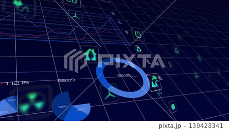 Dominating big blue donut chart highlighting segment on navy grid plane, with pie charts and icons Dominating big blue donut chart highlighting segment on navy grid plane, with pie charts and icons 139428341