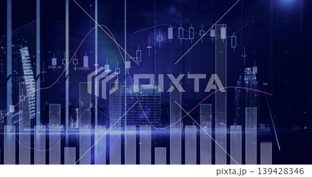 Showing digital dashboard overlaying night skyline, histogram bars, candles, pink, blue MA lines Showing digital dashboard overlaying night skyline, histogram bars, candles, pink, blue MA lines 139428346
