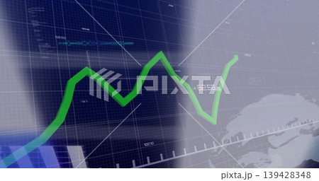 Displaying green zigzag line chart climbing dark blue grid, showing axis ticks, globe silhouette 139428348
