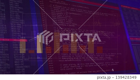 Displaying screen showing source code, bar charts, line graphs, numbers at desk with editor Displaying screen showing source code, bar charts, line graphs, numbers at desk with editor 139428349