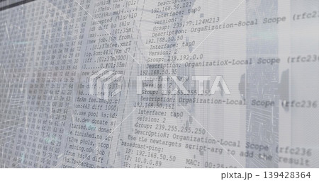 Displaying translucent monitor showing network logs in office, with IPs and city reflections Displaying translucent monitor showing network logs in office, with IPs and city reflections 139428364
