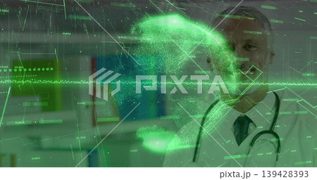 Standing doctor wearing white lab coat and stethoscope in clinic, green data hologram, copy space 139428393