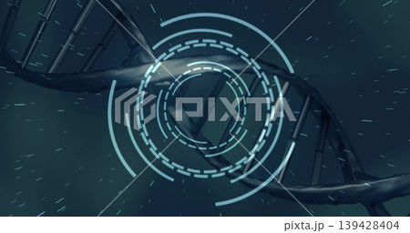 Twisting single DNA double helix spiraling across virtual lab display, showing cyan HUD rings Twisting single DNA double helix spiraling across virtual lab display, showing cyan HUD rings 139428404