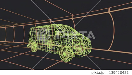 Showing neon green wireframe van model turning in grid tunnel, with wheels, lower-left marks Showing neon green wireframe van model turning in grid tunnel, with wheels, lower-left marks 139428421