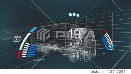 Displaying wireframe heavy truck trailer moving through 3D grid, showing HUD speed 19 km or h 139428424