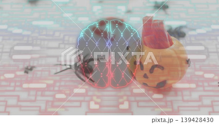 Hovering neon brain graphic glowing above circuit tabletop, with pumpkin wearing red cap and insect 139428430