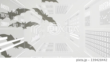 Flying HUD cluster with bat silhouettes moving through virtual data tunnel, translucent panels Flying HUD cluster with bat silhouettes moving through virtual data tunnel, translucent panels 139428442