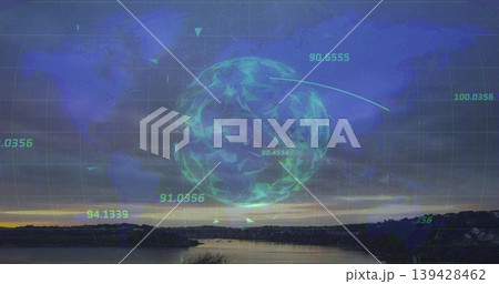 Projecting holographic sphere with triangular facets over river at dusk, emitting teal numbers Projecting holographic sphere with triangular facets over river at dusk, emitting teal numbers 139428462