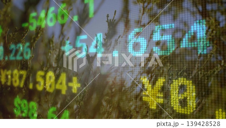 Displaying digital stock ticker overlay over meadow grasses, with LED digits, yen symbol, bokeh 139428528