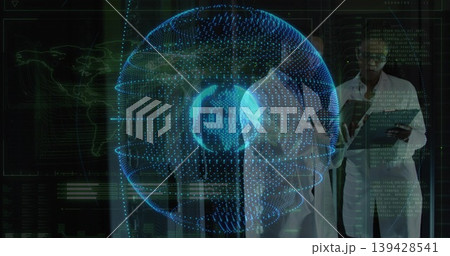 Projecting holographic globe glowing blue in data lab, scientists in white coats studying tablet Projecting holographic globe glowing blue in data lab, scientists in white coats studying tablet 139428541