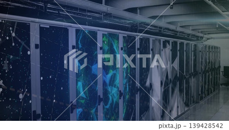 Glowing server cabinets showing LEDs with glass doors in datacenter aisle, tiled floor, cable trays 139428542