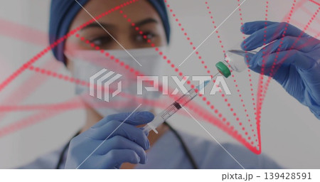 Drawing masked, blue-gloved nurse in scrubs preparing syringe, drawing from green vial, red overlay Drawing masked, blue-gloved nurse in scrubs preparing syringe, drawing from green vial, red overlay 139428591