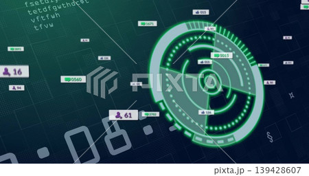 Displaying neon-green HUD radar on right over dark teal grid with floating data tags, copy space 139428607