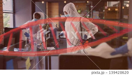 Disinfecting centered worker in white suit carrying backpack sprayer and spraying lobby, red helix Disinfecting centered worker in white suit carrying backpack sprayer and spraying lobby, red helix 139428620