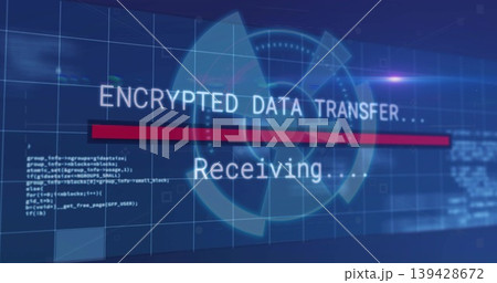 Displaying encrypted data transfer receiving text and red progress bar on blue grid, showing radar 139428672