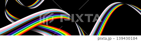 LGBTQ+ Progress Pride rainbow waves on black background wide banner. Vector EPS10 139430184