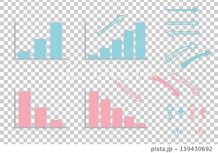 A set of bar graphs and arrows in muted colors. Cute materials for women's business and social media. 139430692