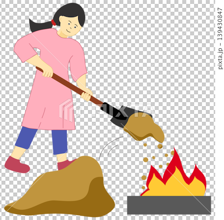 Woman Using Shovel to Put Out Fire with Sand or Dirt for Fire Safety Education Woman Using Shovel to Put Out Fire with Sand or Dirt for Fire Safety Education 139430847