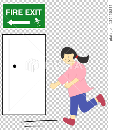 Woman Running Towards Fire Exit Door for Emergency Evacuation Woman Running Towards Fire Exit Door for Emergency Evacuation 139430855