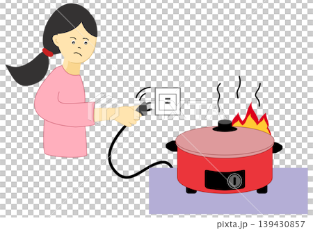 Woman Unplugging Electric Pot to Prevent Kitchen Fire and Electrical Hazard 139430857