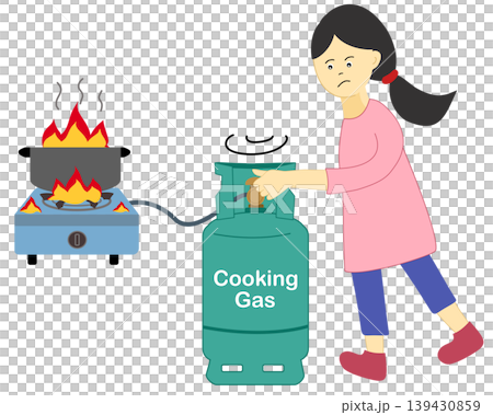 Woman Turning Off Gas Cylinder Valve to Prevent Kitchen Fire Accident Woman Turning Off Gas Cylinder Valve to Prevent Kitchen Fire Accident 139430859