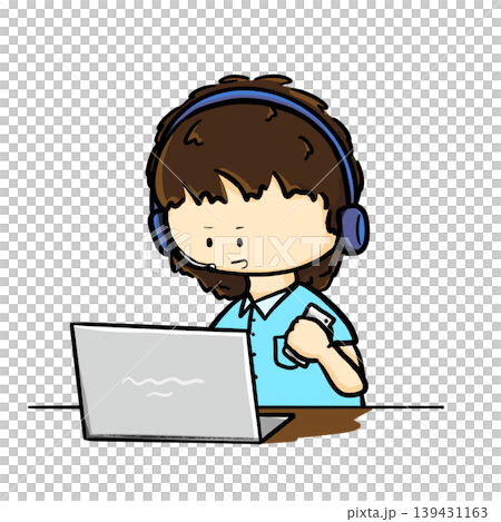 Customer service boy looking at a laptop while holding a phone cartoon illustration 139431163