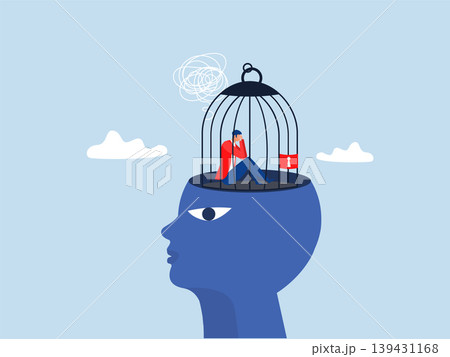 Man suffers from obsessive thoughts; Businessman trapped inside birdcage on human head brain.Struggle prison mind, fixed mindset illustration Flat vector illustration Man suffers from obsessive thoughts; Businessman trapped inside birdcage on human head brain.Struggle prison mind, fixed mindset illustration Flat vector illustration 139431168