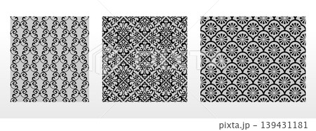 Geometric floral set of seamless patterns. Gray and black vector backgrounds. Damask graphic ornaments Geometric floral set of seamless patterns. Gray and black vector backgrounds. Damask graphic ornaments 139431181