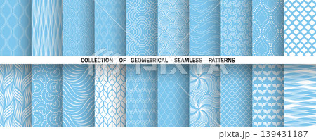 Geometric set of seamless blue and white patterns. Simple vector graphics 139431187