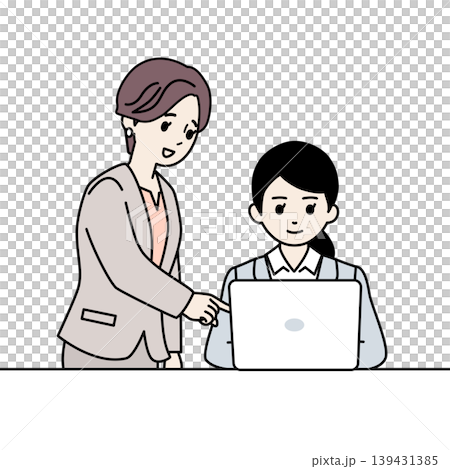 一位資深女同事正在指導一位年輕同事操作電腦。 (向量圖) 一位資深女同事正在指導一位年輕同事操作電腦。 (向量圖) 139431385