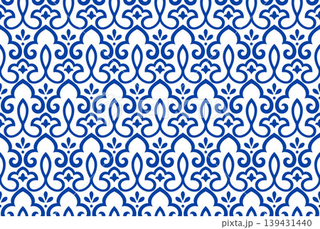 Flower geometric pattern. Seamless vector background. White and blue ornament. Ornament for fabric, wallpaper, packaging. Decorative print 139431440